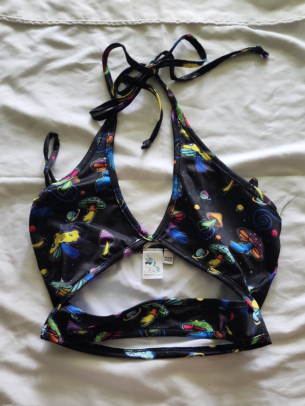 iHeartRaves Magic Mushroom Outer Space Cutout Halter Crop Top NWOT Size S